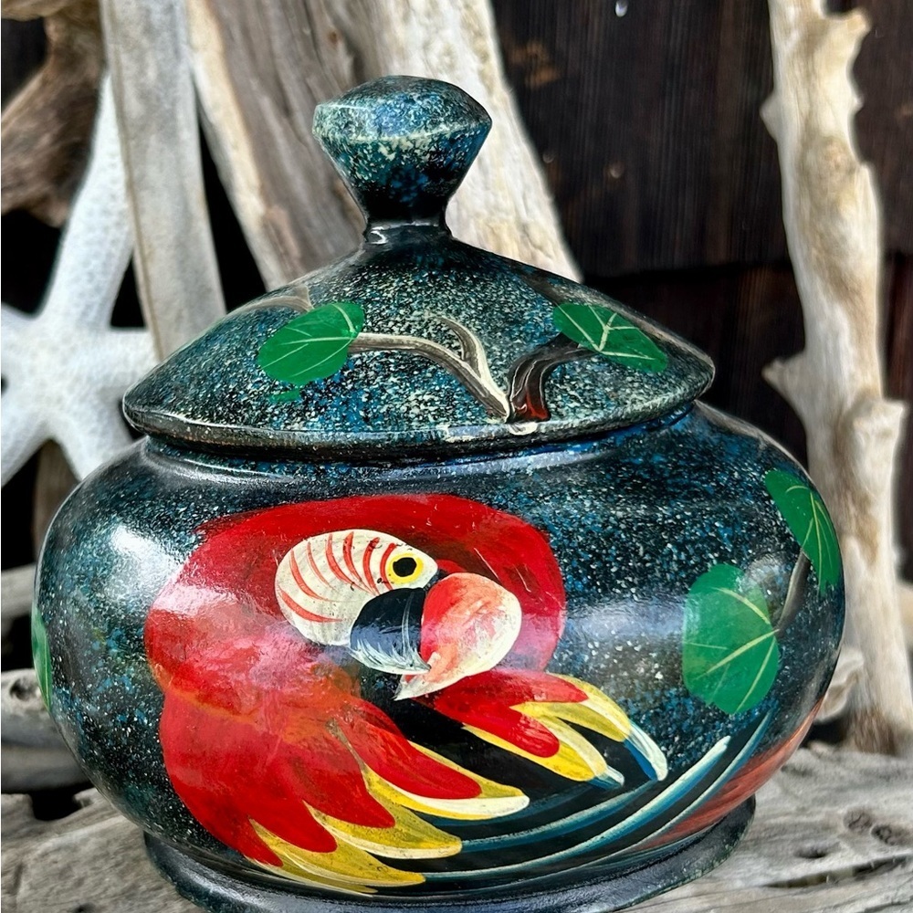 Hand Painted Wooden Jar with Red Macaw Parrot and Tree Design against a Dark Sky - Picture 8 of 11